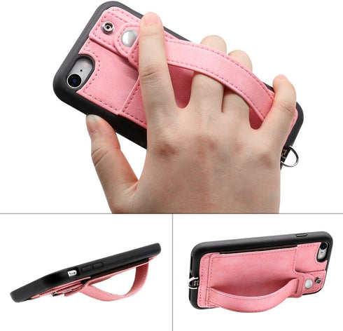 TOOVREN iPhone SE/7/8 Case, Pink Leather Wallet with Card Holder, Kickstand, Neck Strap, Adjustable Hand Strap, Wireless Charging Compatible...